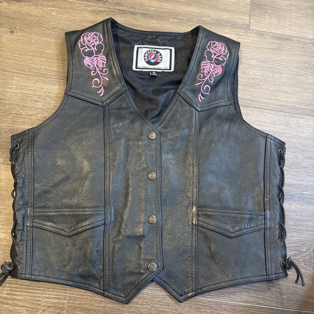 River Road Grateful Dead Black Leather Best Pink Patch Rock Metal Large